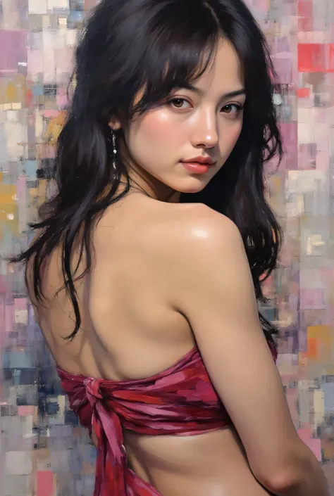Impasto oil painting ,This is a digital abstract oil painting. It depicts a beautiful young woman,((full body esbian))、 oil painting with thick paint strokes and visible drips, Blur Technique, saturated color, remarkable canvas texture, oil painting that c...