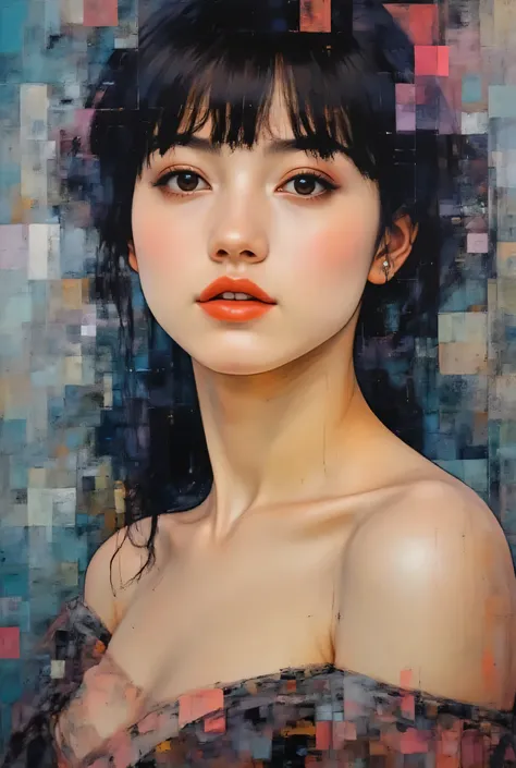 Impasto oil painting ,This is a digital abstract oil painting. It depicts a beautiful young woman,((full body esbian))、 oil painting with thick paint strokes and visible drips, Blur Technique, saturated color, remarkable canvas texture, oil painting that c...