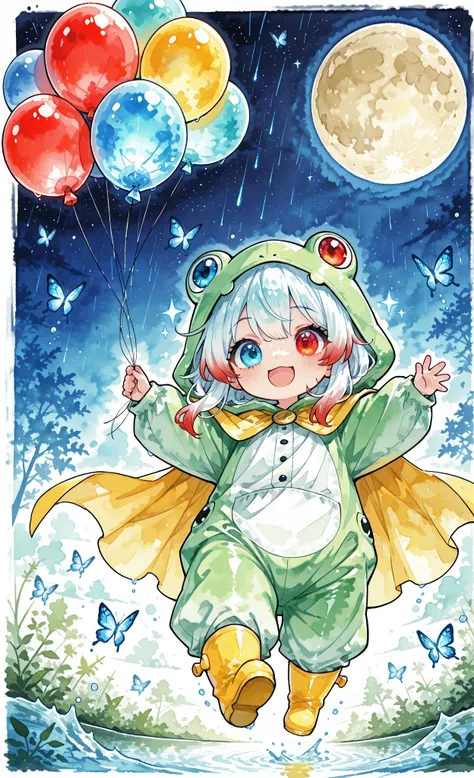 Watercolor-style, Melys Chibi, masterpiece, best quality, ultra-detailed:1.3, chibi style, 1girl, solo,
pure white hair with soft gradient red tips, heterochromia crimson red right eye:1.3 and ice blue left eye:1.3, fair skin,
wearing bright green frog o...