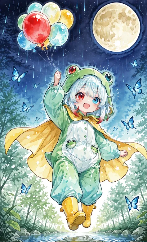 Watercolor-style, Melys Chibi, masterpiece, best quality, ultra-detailed:1.3, chibi style, 1girl, solo,
pure white hair with soft gradient red tips, heterochromia crimson red right eye:1.3 and ice blue left eye:1.3, fair skin,
wearing bright green frog o...