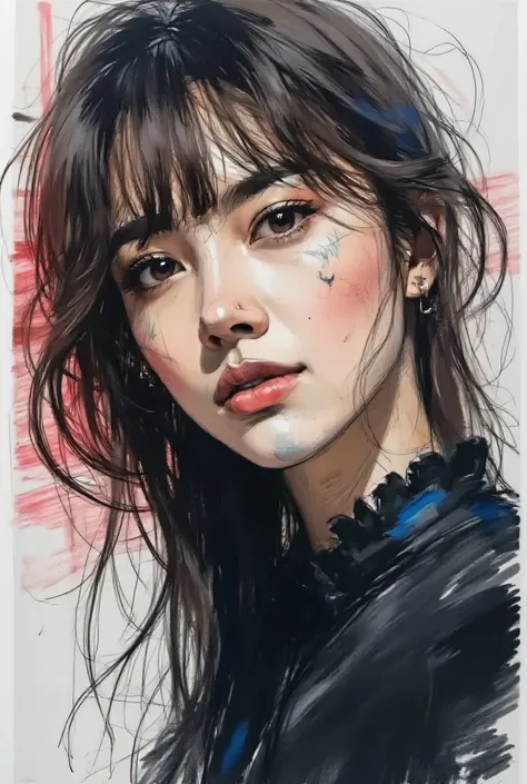 gothic punk、Highest Quality、Japanese edits Vivien Tam photos [Woman] 、WITH VERY EYES of black color with brown hair ,  blue tattoos 、[Red and Blue] , Expressive Texture, photorealistic techniques,  vibrant colorful palette , 32k uhd, fluid and dynamic brus...
