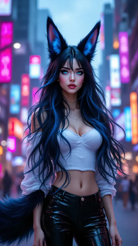 Ultra HD, belle femme, with long black and blue hair, with pretty black and blue fox ears, with pretty blue eyes, with a pretty black and blue fox tail, Who wears a white top, with vinyl pants, dans une ville.