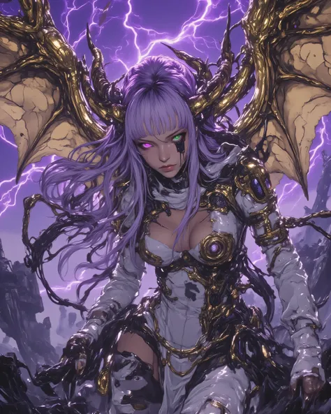 Masterpiece, best quality, highly detailed digital illustration of an ultra-colossal Gorgon from Fate/Grand Order, Avenger class, inspired by Greek mythology and Takeuchi Takashi's design style: towering over ancient ruined landscapes like a mountain-sized...