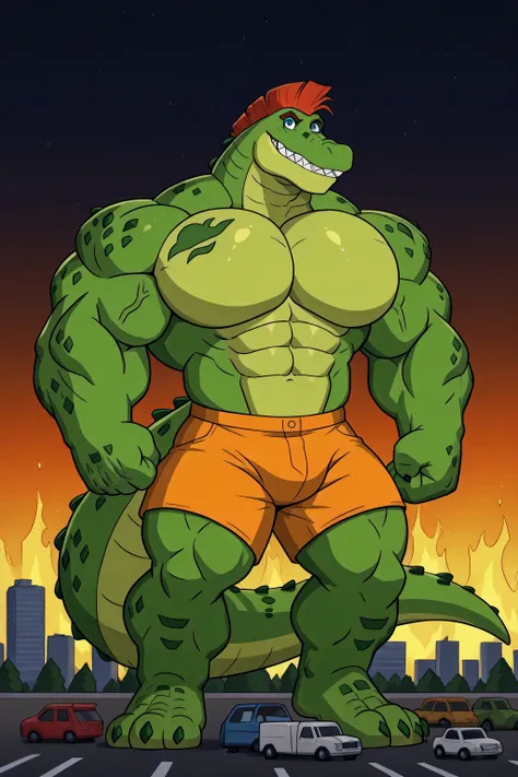 A gigantosaurus rex, g-rex, green giant strong dinosaur, green scales skin, golden chest, ginormous biceps, enormous pectorals, detailed abs, long tail, full body, giant size, macro size, 50-foot size, 100 feets tall, city background, buildings collapsing,...