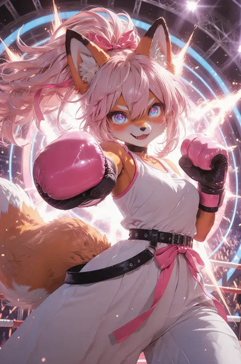 cute furry anime girl fighter, fox-based anthro moé girl with fluffy fox ears and tail, long ponytail, wearing a stylish boxing outfit with ribbons and belts, standing in a colorful arena glowing with energy effects, smiling confidently in a dynamic fighti...