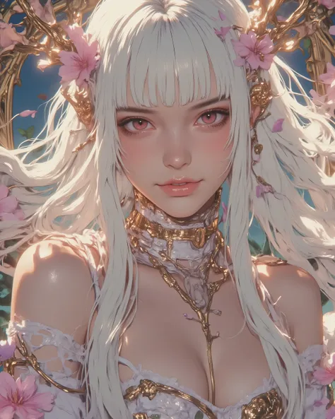 A seductive portrait of LUNA as the ethereal Elven Queen, an 16-year-old woman with flawless porcelain pale skin glowing with a soft pearly sheen like polished marble, anatomically perfect slim and gracefully curvaceous body, long flowing white hair with d...