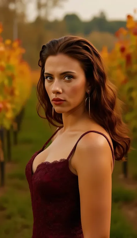 Scarlett johansson, with long, wavy, dark hair, wearing a burgundy lace dress and gold hoop earrings. She stands amidst an autumn vineyard with golden and red leaves, and green grapes. The background is blurred, emphasizing her serene, confident expression...