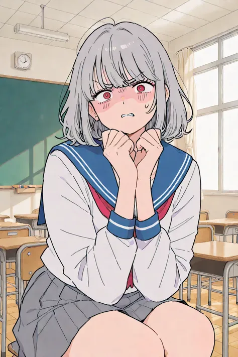 gray skirt with a plump girl、angry expression、hands crossed、looking here、sailor suit、Inside the Classroom