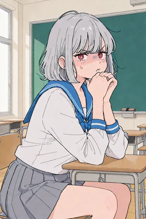 gray skirt with a plump girl、angry expression、hands crossed、looking here、sailor suit、Inside the Classroom