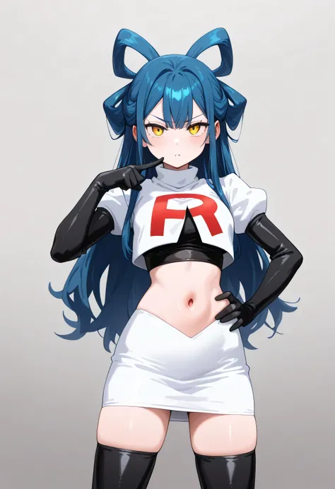 (masterpiece) ,best quality,amazing quality,very aesthetic,absurdres,newest, Himari Azuma (Chained Soilder), team rocket,team rocket uniform,white skirt,red letter R,crop top,black thigh-highs,black elbow gloves, 1girl,himari azuma, long hair, hair rings, ...