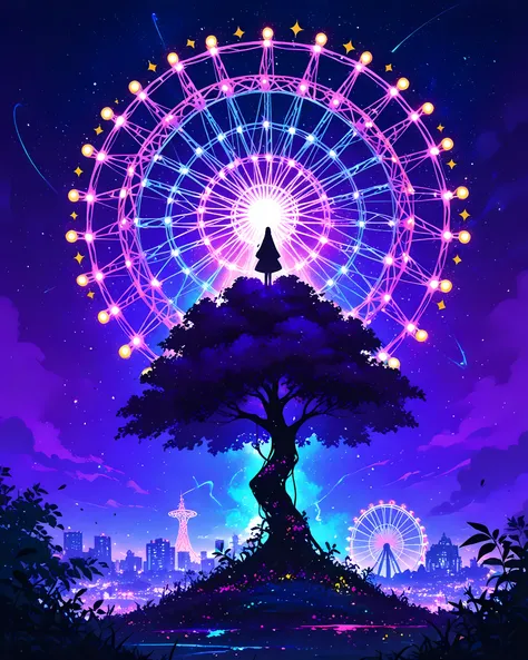 detailed landscape, foliage, neonpunk style, vaporwave, neon, vibes, vibrant, stunningly beautiful, crisp, detailed, sleek, ultramodern, magenta highlights, dark purple shadows, ferris wheel, high contrast, ultra detailed, intricate, concept art, magnifice...