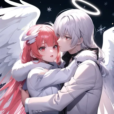  Anime couple hugging and kissing , long red scarf , Hombre en traje formal que lleva una white lab coat and platinum sobre el hombre,Red Eyes, cabello largo color platino anime angel con alas y un halo por encima de la cabeza, anime wallpapers , bíblico p...