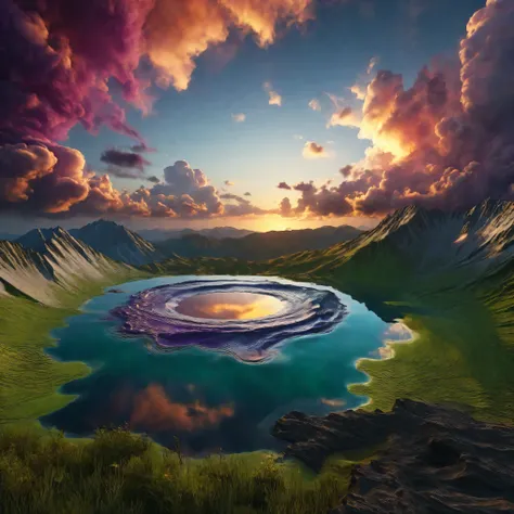 Ultra-realistic, photo-realistic, ultra- ultra-detailed, the most aesthetically incredible images of a sunset ever made. The fireball that is the sun appears overly enormous and low and overly bright in the sky, partially obscured by many cumulus clouds th...