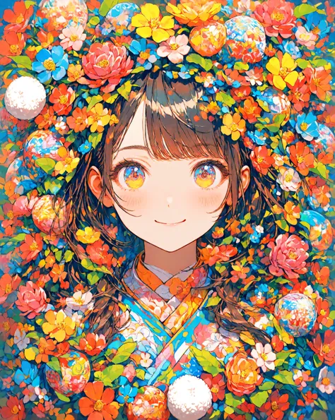 masterpiece,Highest Quality,super detailed,1 girl,Smiling,colorful,cute,Rice ball、upper body,is watching me,Flower,