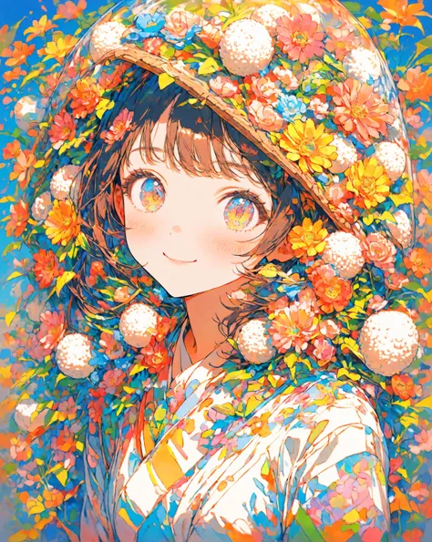 masterpiece,Highest Quality,super detailed,1 girl,Smiling,colorful,cute,Rice ball、upper body,is watching me,Flower,