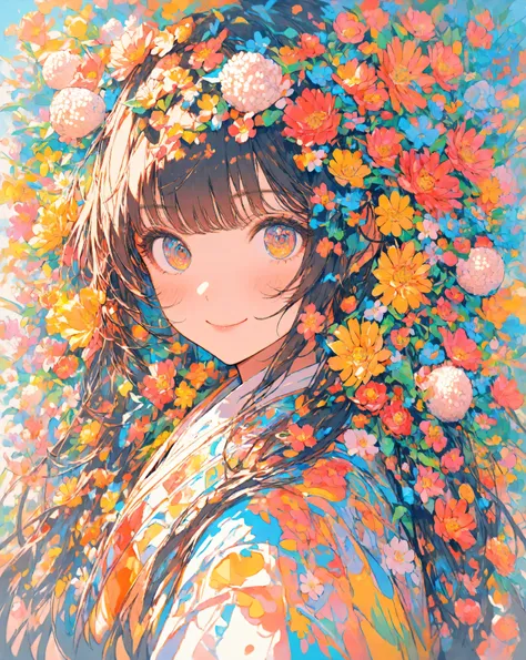 masterpiece,Highest Quality,super detailed,1 girl,Smiling,colorful,cute,Rice ball、upper body,is watching me,Flower,