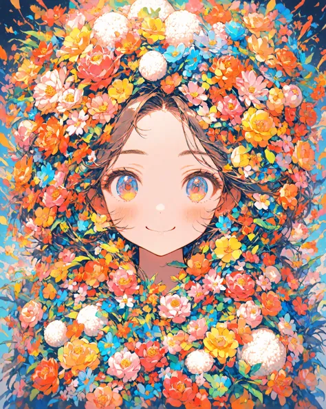 masterpiece,Highest Quality,super detailed,1 girl,Smiling,colorful,cute,Rice ball、upper body,is watching me,Flower,