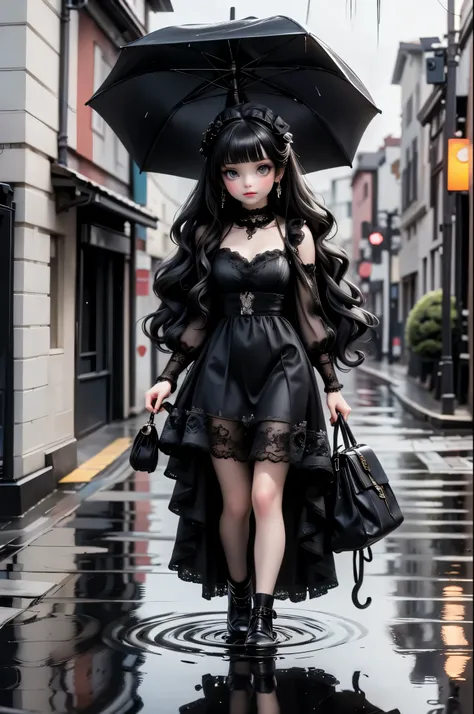 Señorita Bonita walking slowly through a rainy street, her black umbrella barely shielding her from the storm. Her dress clings to her body as she stares at her reflection in a puddle.