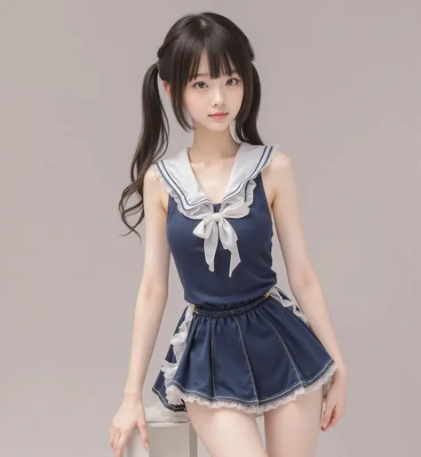 (luxury),((PHOTO QUALITY)),(thin body),Thin Arms,twin tails,white shoulders,((best image quality)),(elementary school student),girl,(perfect face),tank top