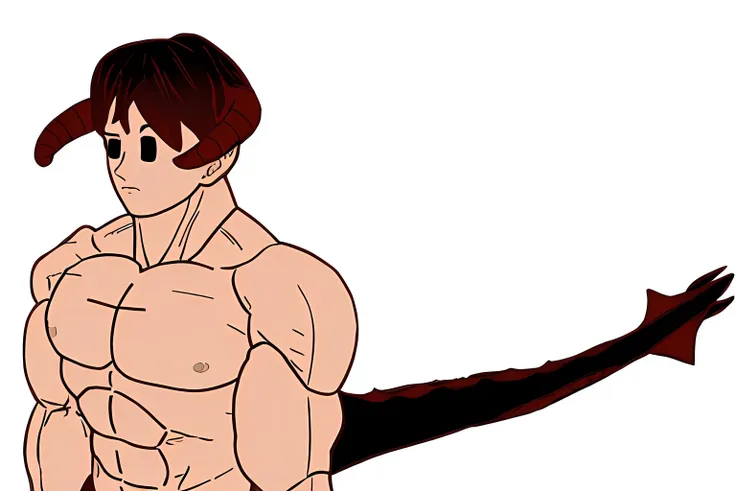 Um homem musculoso, of black hair with dark red details, chifres vermelhos, black tail with red details, dentes grandes