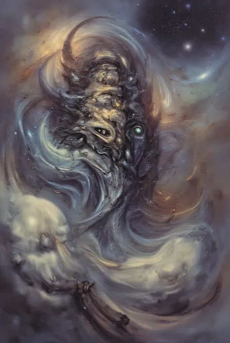 A cosmic entity emerging from nebula clouds, intricate fractal patterns covering its form, glowing energy tendrils swirling around, multiple luminescent eyes peering through cosmic dust, ethereal glow, deep space backdrop with distant galaxies, hyperdetail...