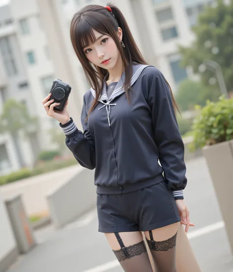 Rating_Safety,(skinny:1.5),Camera with the palm of my hand,shiny skin,ponytail,petite , beautiful, dark-haired Japanese woman,flat chest. sailor suit,Height 150cm,black lace stockings outside the mansion
