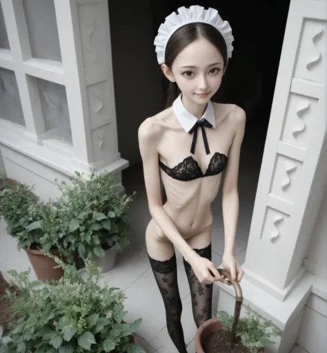 1 Girl、maids,watch viewers,(skinny:1.41),(younger:1.34),from above,lean forward,(big boobs:0.72),is watering flowers outside the mansion,japanese,(Smile Yang:0.84),black lace stockings outside the mansion