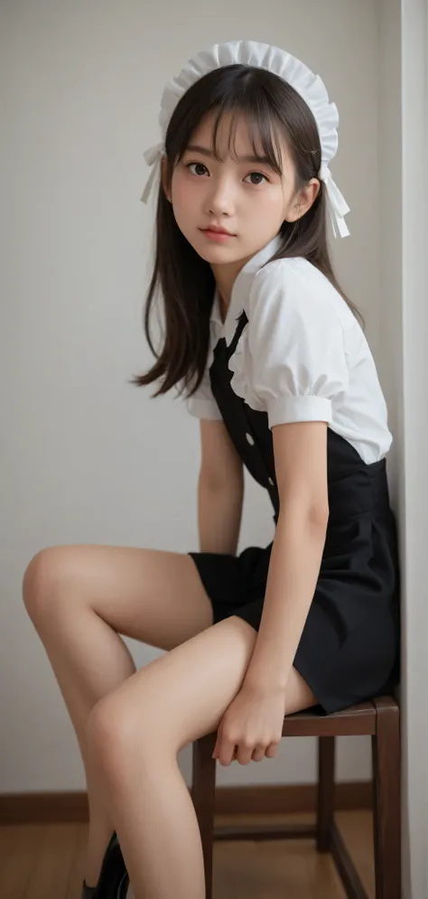 1 Girl、maids、(Smile Yang:0.3)、is looking here,sitting、 Thin tights 、From the side、open both legs,(younger:1.5),(skinny:1.1),japanese