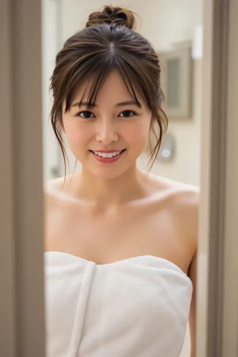 (Highest Quality、Table Top、8k、best image quality、Award-winning work)、one beautiful woman、(Woman's Body Is Wrapped in a Bath Towel:1.5)、(chignon:1.1)、( Perfect Bath Towel:1.5)、(standing at the bathroom entrance:1.5)、Wet Black Hair、( Standing Between Open B...