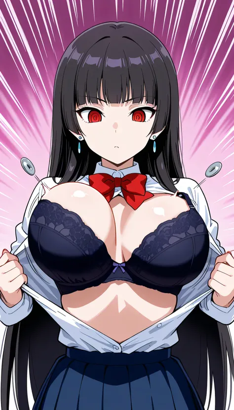 Sana Sunomiya, 1girl, large breasts, long hair, bangs, black hair, red eyes, hime cut, ringed eyes, earrings, large breasts, kogal, very long hair, hair bobbles, school uniform, skirt undressing,show bra.shiflybutton, popped button, flying button, bursting...