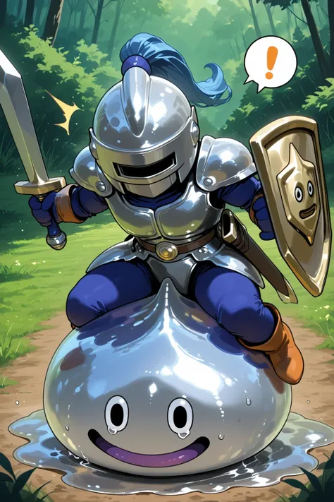 cute slime knight looking down, riding silver metallic slime, armor, helmet, holding sword, holding shield in gold, spoken exclamation mark,
the metallic texture slime_(dragon_quest) is crying and frightened with sweat, masterpiece, best quality, natur...