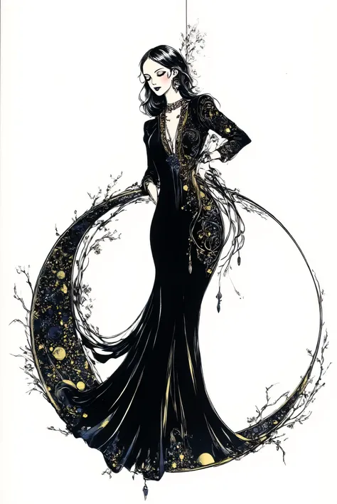 Art Nouveau Fashion illustration, The image shows a woman in a black dress standing on a crescent moon with a white background. She has a human face and is wearing a long flowing dress with intricate details. Her hair is long and dark and her eyes are clos...