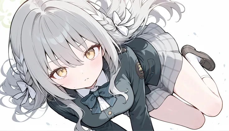 miyo (blue archive), platinumblonde hair, long hair, braid, hair ribbon, white ribbon, multicolored hair, yellow eyes, medium breasts, halo, (solo), I can see my eyebrows from the inside of my hair, hair between eyes,　 masterpiece, Best Quality, very aesth...