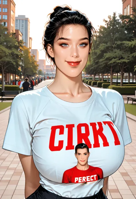 (Perfect Face, Perfect Body), Black Hair, (Hair Bun, Hair Up, Slicked Back Hair), (Forehead), Black Thin Eyebrows, Light Blue Eyes, Nose, Lips, Dark Red Lips, Big Smile, Collarbone, (Huge Breasts, Perfect Breasts), (Lonely Moon A Glimpse of Solitude T-Shir...