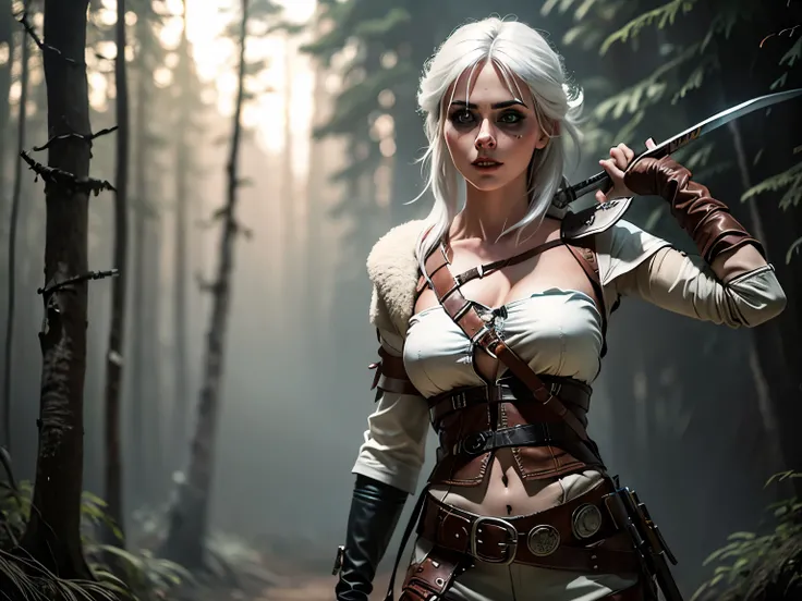 A half body shoot of ciri wearing a white top and a leather pants holding a sword in front of a dusty forest background in the style of Th3W1tch3r