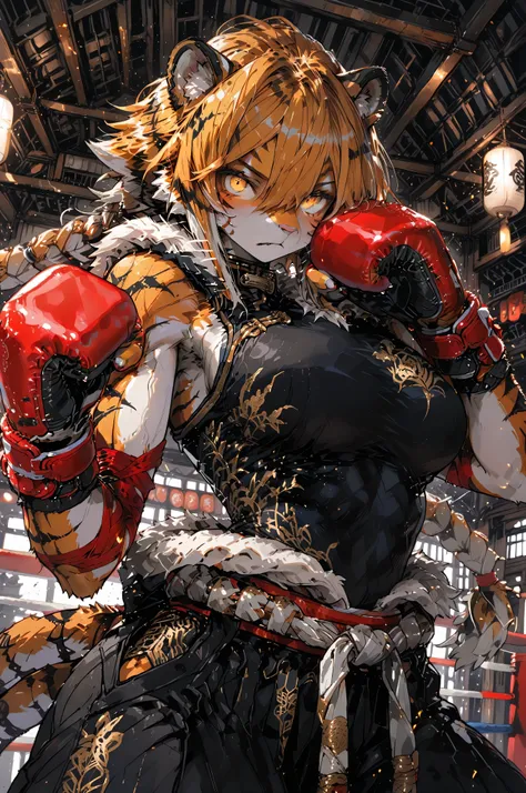 masterpiece, high resolution, detail, very detailed, unity 8k , perfect face, Perfect Eyes, 1girl, supple body、Tiger、Tigerの獣人、Fur、Beast, taill, monk, Boxing、dynamic Action, sumi-e,furry,