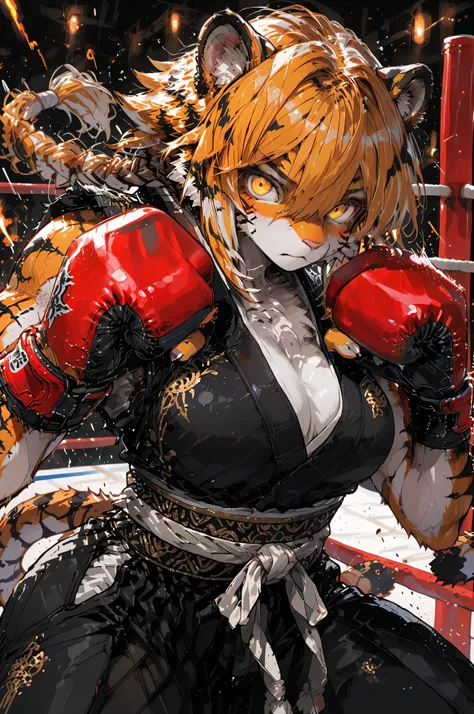 masterpiece, high resolution, detail, very detailed, unity 8k , perfect face, Perfect Eyes, 1girl, supple body、Tiger、Tigerの獣人、Fur、Beast, taill, monk, Boxing、dynamic Action, sumi-e,furry,