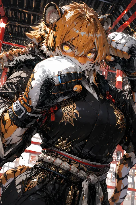 masterpiece, high resolution, detail, very detailed, unity 8k , perfect face, Perfect Eyes, 1girl, supple body、Tiger、Tigerの獣人、Fur、Beast, taill, monk, Boxing、dynamic Action, sumi-e,furry,