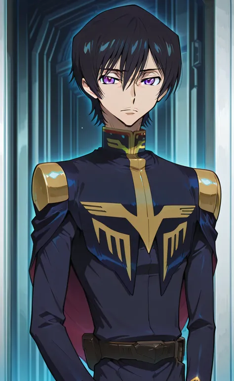 1male, solo, Lelouch Lamperouge, black hair, short hair, purple eyes, black military-uniform, Gundam GQuuuuuuXジークアクス character