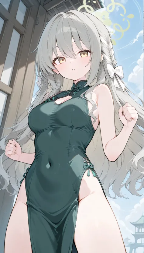 miyo (blue archive), platinumblonde hair, long hair, braid, hair ribbon, white ribbon, multicolored hair, yellow eyes, medium breasts, halo, solo, I can see my eyebrows from the inside of my hair, hair between eyes,　 is embarrassing, masterpiece, Best Qual...