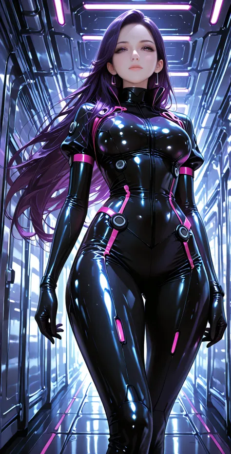 (the best quality: 1.4), (pretty face), Purple pair. Long dark purple hair with highlights, (purple eyes: 1.2) short height,  light smile. simple background. clear light. She wears a black latex bodysuit inspired by Tron Legacy, with bright purple neon lin...