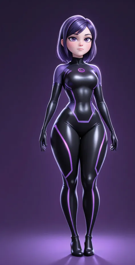 (the best quality: 1.4), (pretty face), Purple pair. Long dark purple hair with highlights, (purple eyes: 1.2) short height,  light smile. simple background. clear light. She wears a black latex bodysuit inspired by Tron Legacy, with bright purple neon lin...