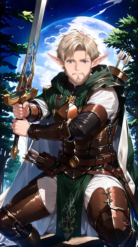 masterpiece, best quality, ultra-detailed, (1 boy, solo, male elf, very long pointed ears, (short hair, light brown hair), (facial hair, light brown beard, (full beard)), (sky-blue eyes, detailed eyes), chiseled jawline, (dark green hood and cloak, sleveel...