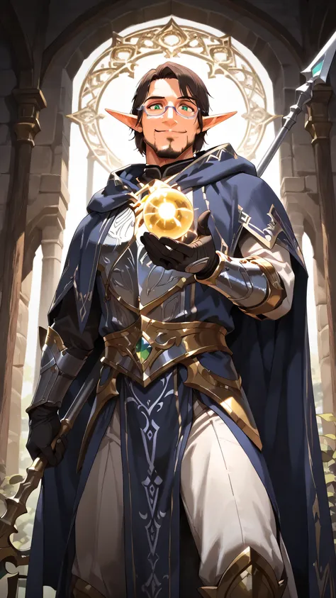 masterpiece, ultra-detailed, best quality, (1 boy, solo, male elf, ethereal warrior mage, (silver eyeglasses, small eyeglasses), emerald eyes, confident smile, (right hand holding a spear, detailed hand wrapping around wooden spear shaft, ornate spear with...