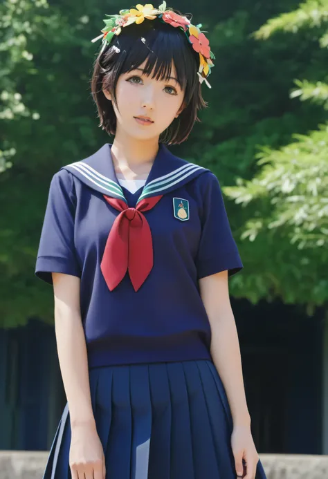 uiharu kazari, black eyes, black hair, flower, hair flower, hair ornament, head wreath, short hair, bangs, blunt bangs,,armband, sakugawa school uniform, school uniform, serafuku, skirt, summer uniform, neckerchief, red neckerchief, blue sailor collar, blu...