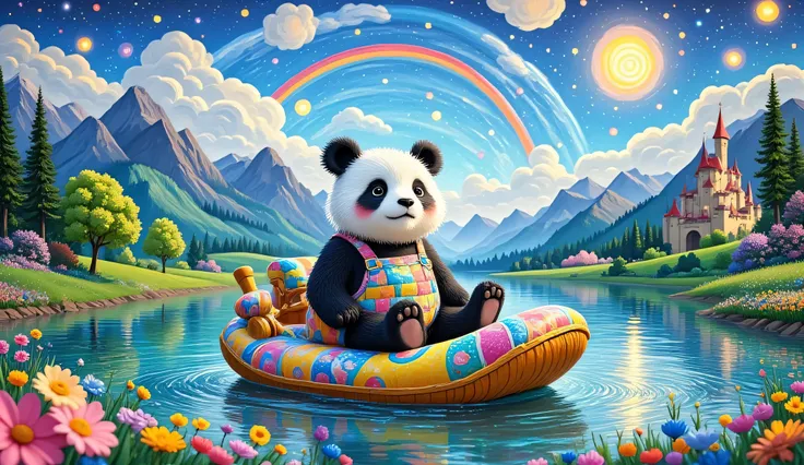  a panda anthropomorphic，Pushing a float ， beautiful scenery 