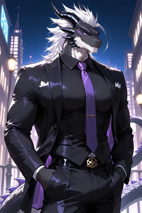 Solo, Anthro black dragon, black scalies, athletic, long white hair, purple eyes, black tuxedo with black shirt and purple tie, blue eyes, mafia, night town, twink