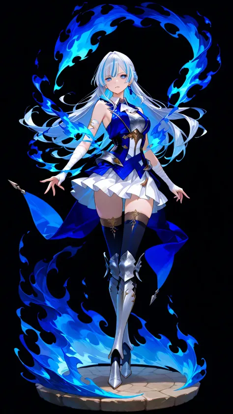 black background, 1girl, solo, masterpiece, female knight theme, beautiful woman with long silver hair, blue-streaked white hair, blue eyes and silky hair, long hair down, half up half down braid, white chest plate, wearing blue knightly attire, long blue ...