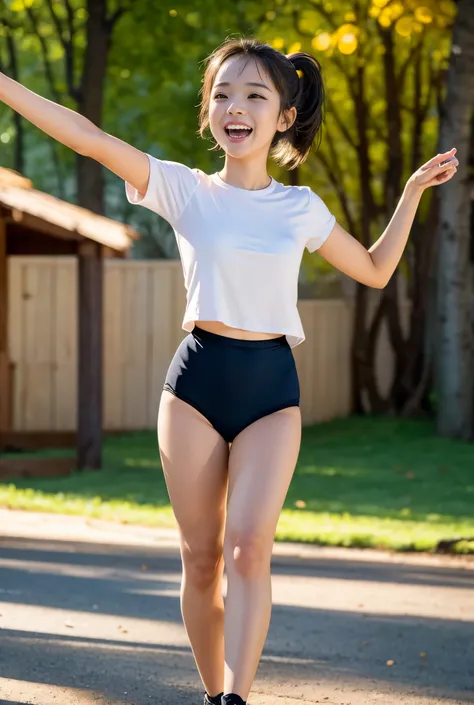 (masterpiece, highest quality),masterpiece, best quality, ultra detailed, cinematic lighting, golden hour sunset, nostalgic and energetic atmosphere,
a cheerful black-haired cute girl with a high ponytail runs at the front of her friends, holding a thin ...