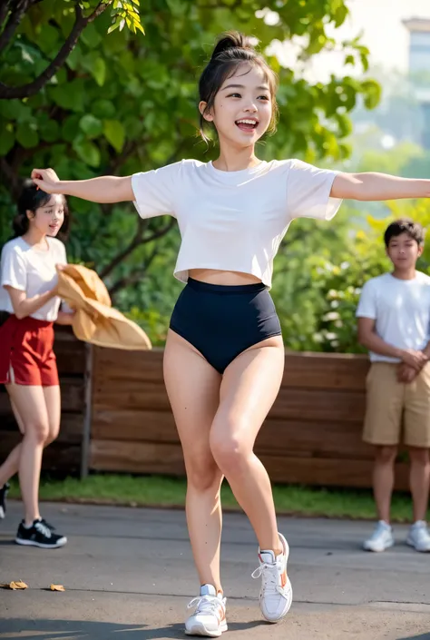 (masterpiece, highest quality),masterpiece, best quality, ultra detailed, cinematic lighting, golden hour sunset, nostalgic and energetic atmosphere,
a cheerful black-haired cute girl with a high ponytail runs at the front of her friends, holding a thin ...